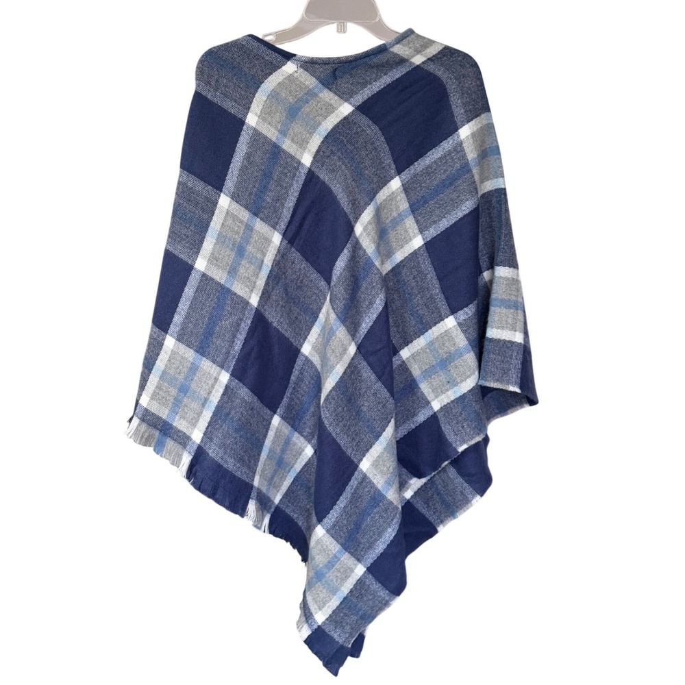 Simply Noelle Womens Plaid Button Detail Poncho Wrap Navy Blue One Size NWT
